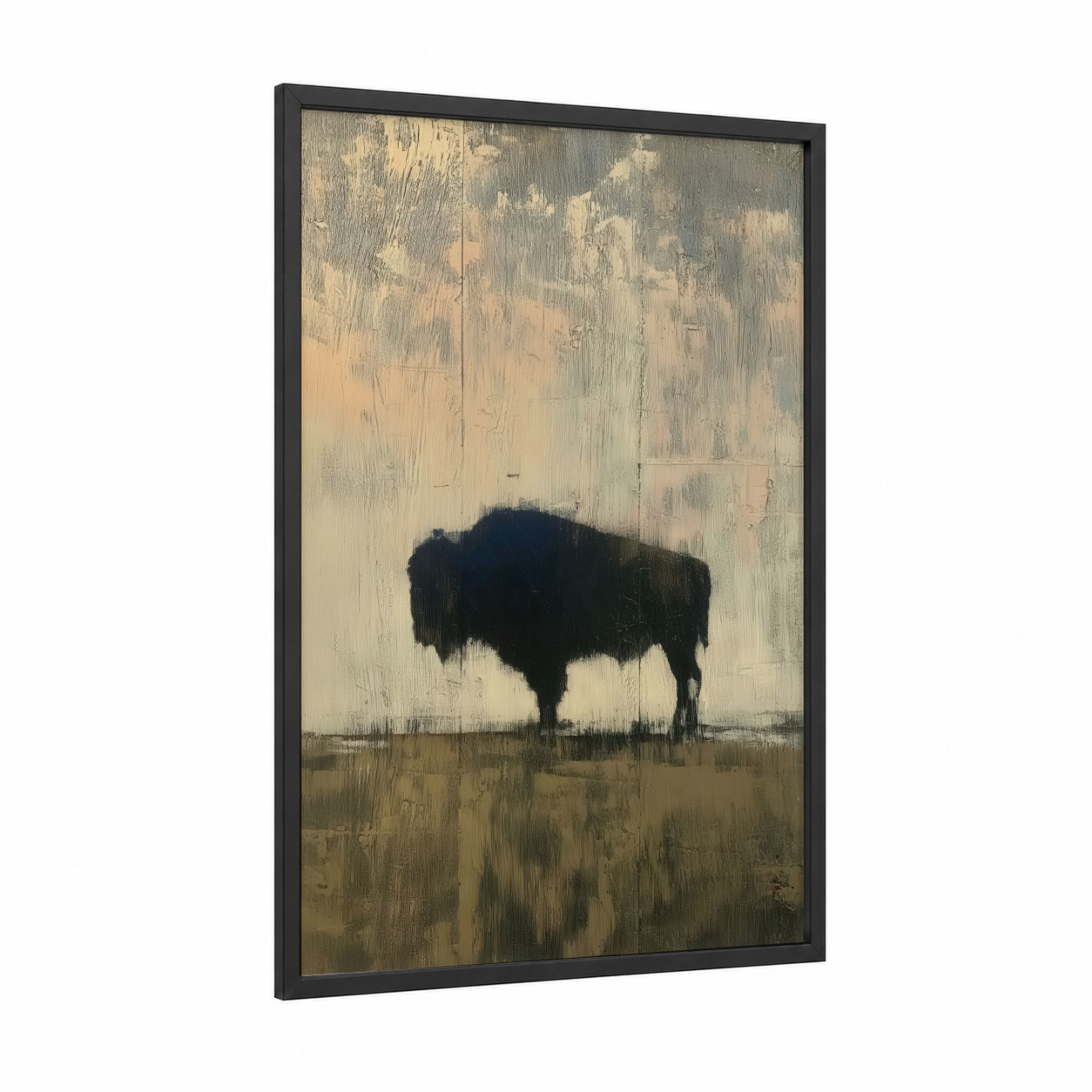 Solitary Bison framed art print — black wood frame — beige and dove gray palette