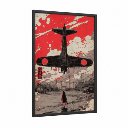 Crimson Skies Vintage framed vintage airplane print — black wood frame — red and black and white palette