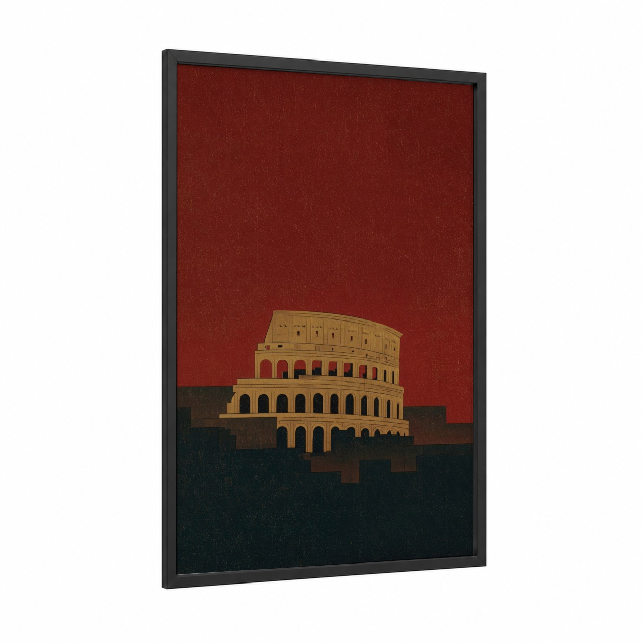 Crimson Colosseum framed art print — black wood frame — maroon and gold palette
