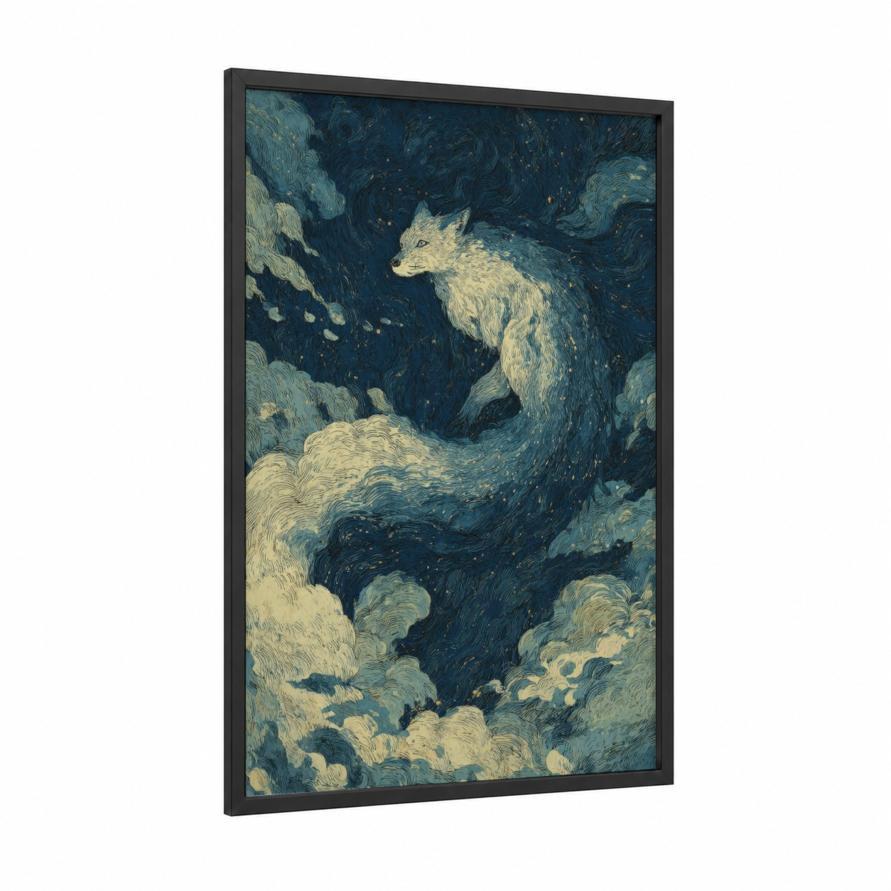 Starlit Chimera framed art print — black wood frame — blue and gold and white palette