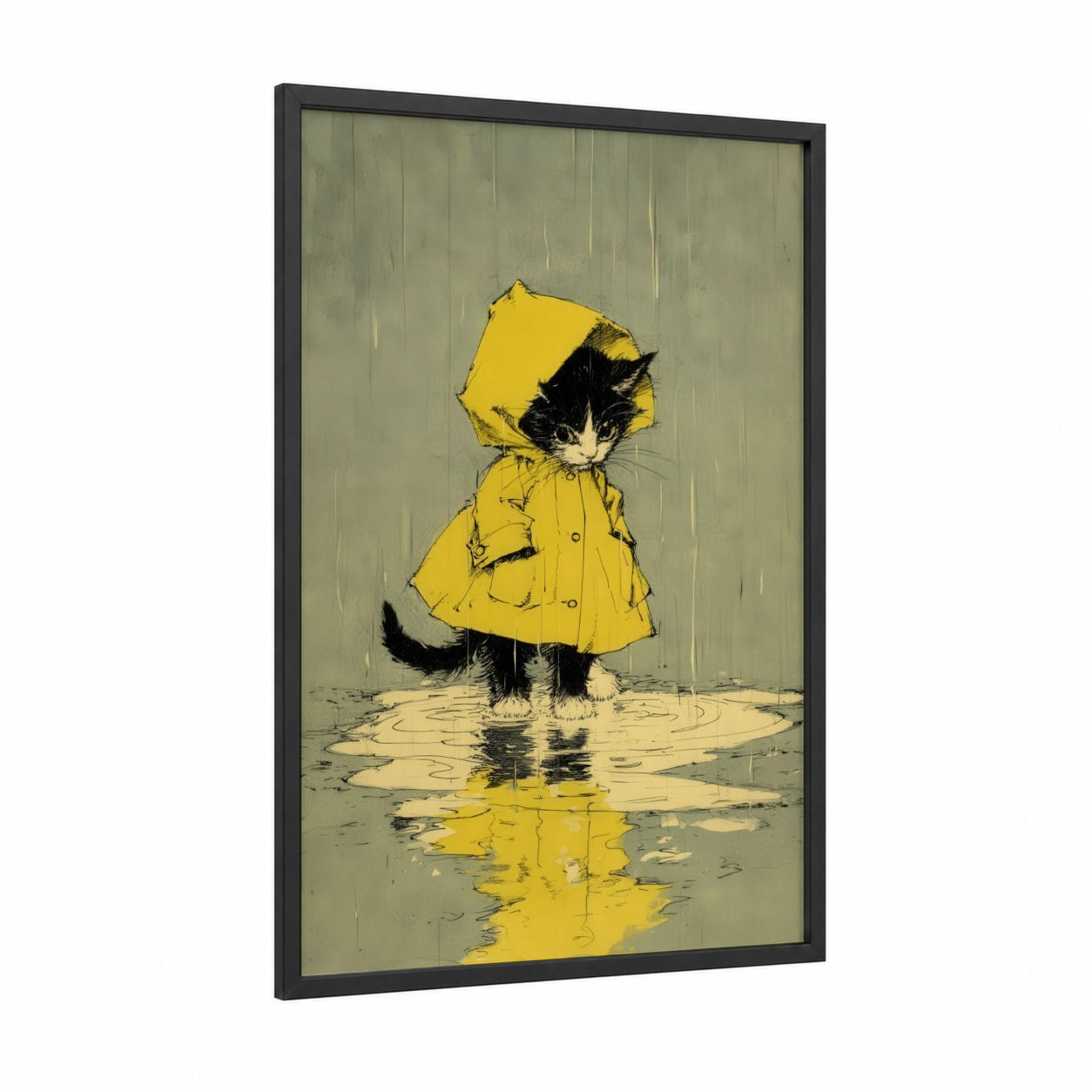 Rainy Day Cat framed art print — black wood frame — yellow gold and sage green palette