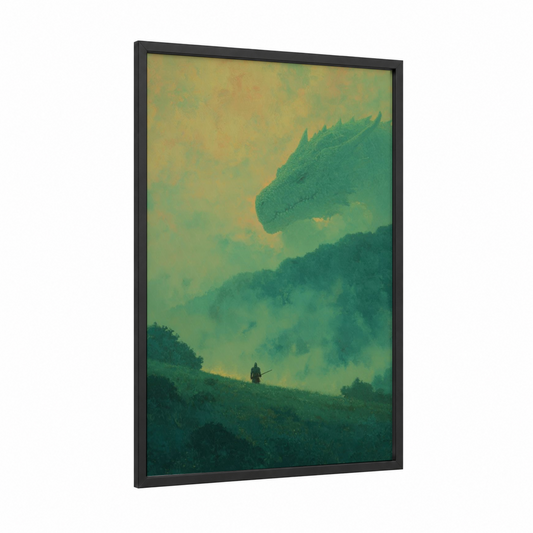 Dragon Warrior framed art for boy print — black wood frame — green and gold palette