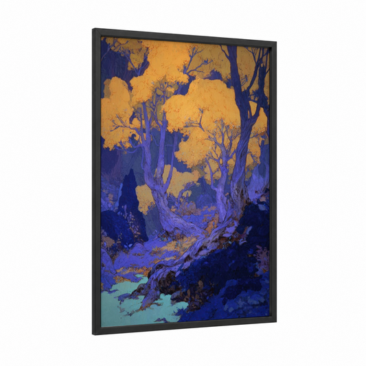 Twilight Forest framed forest trees print — black wood frame — blue and gold palette