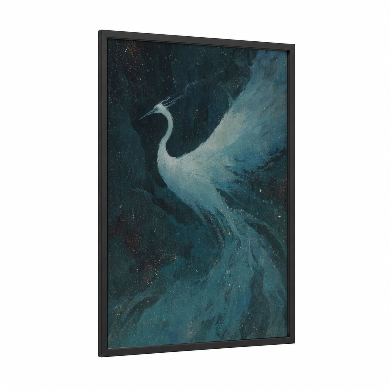 Celestial Phoenix framed art print — black wood frame — teal and blue palette