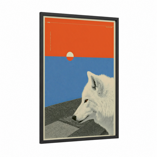 Snowy Wolf Sunset framed japanese y2k print — black wood frame — blue and orange palette