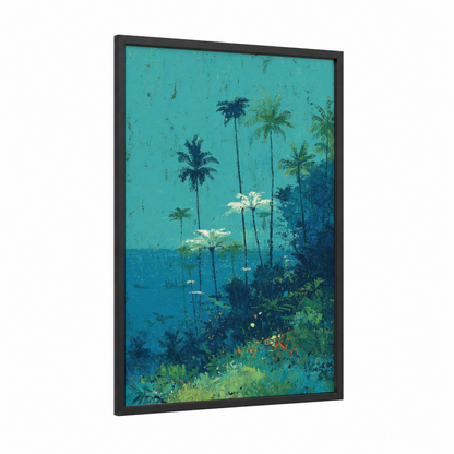 Tropical Seascape framed seascapes and ocean print — black wood frame — teal and light green palette