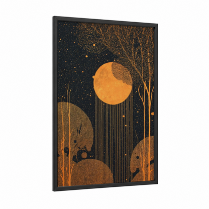 Golden Moon Forest framed art print — black wood frame — gold and black palette