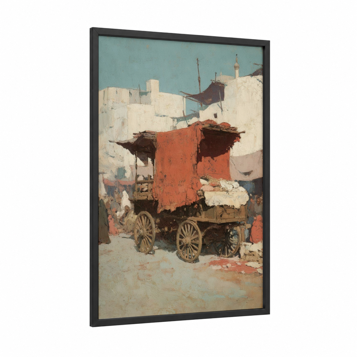 Rustic Market Wagon framed art print — black wood frame — blue and white and russet palette