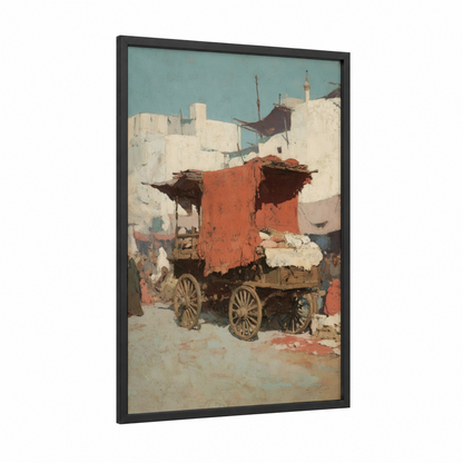 Rustic Market Wagon framed art print — black wood frame — blue and white and russet palette