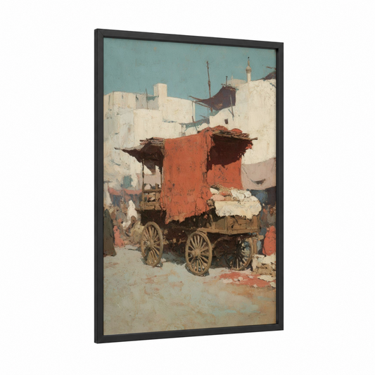 Rustic Market Wagon framed art print — black wood frame — blue and white and russet palette