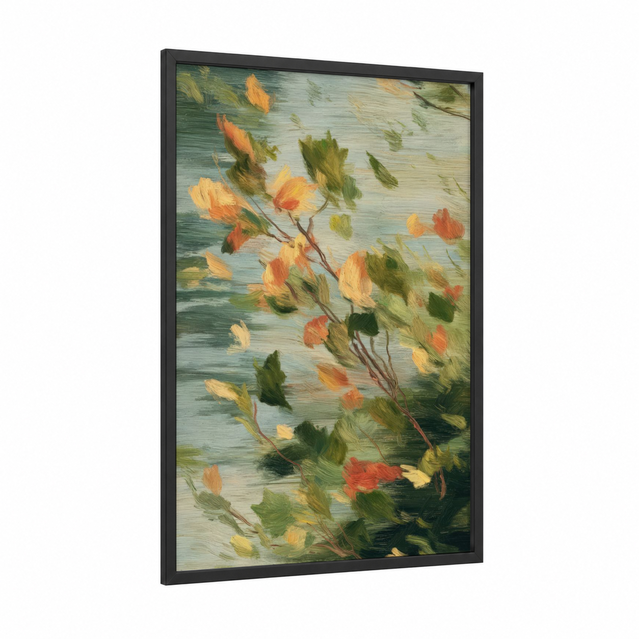 Autumn Linden Branch framed linden tree print — black wood frame — gold and sage green palette