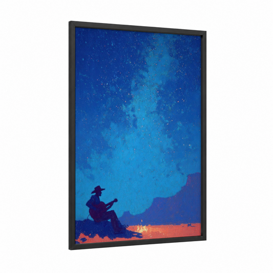 Starry Desert Serenade framed country print — black wood frame — blue and orange palette