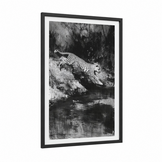 Riverside Leopard framed art print — black wood frame — black and white palette