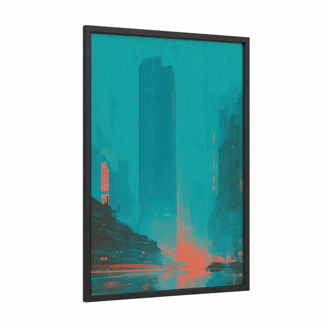 Neon Cityscape framed skyscraper print — black wood frame — teal and salmon pink palette