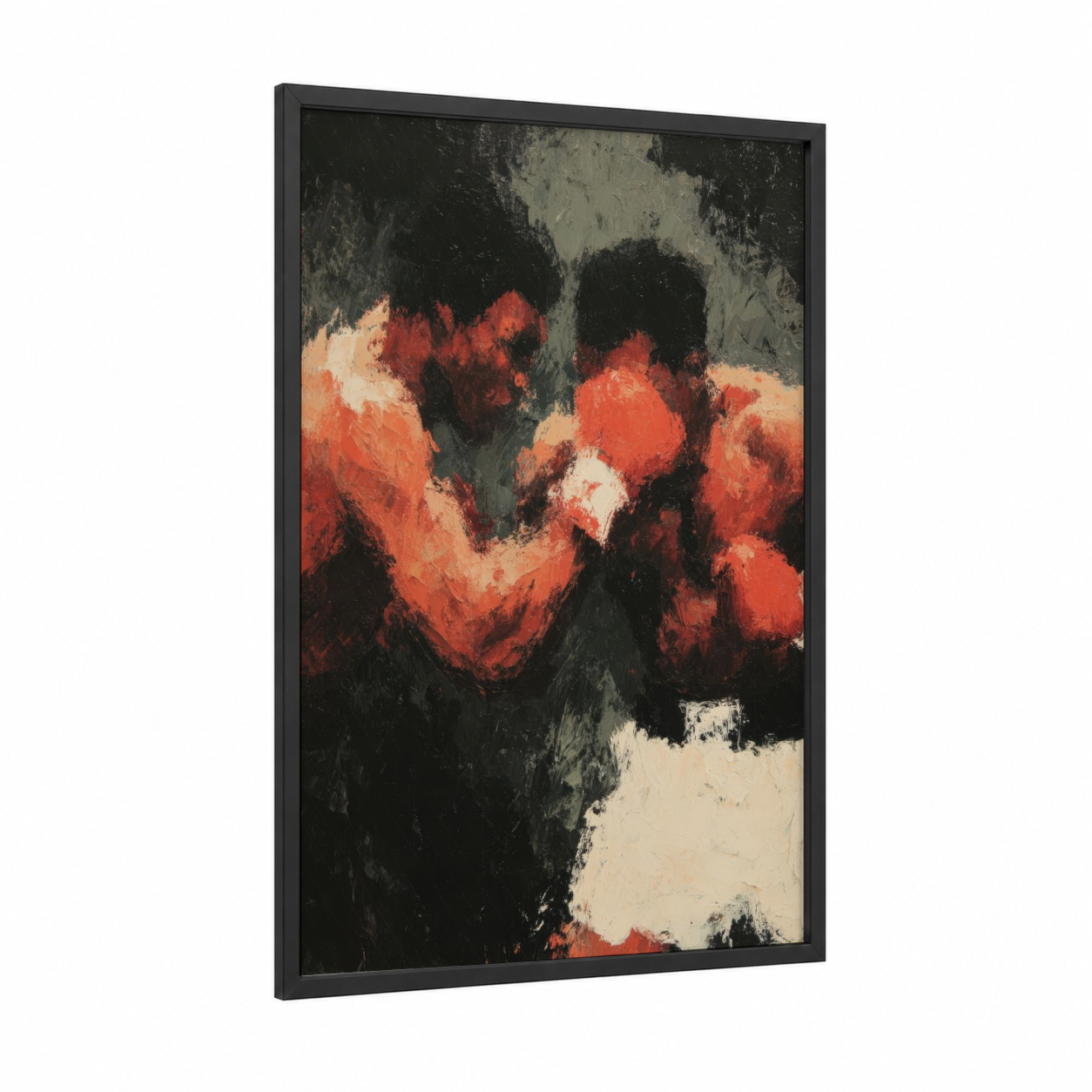 Crimson Boxers framed boxing print — black wood frame — red and black palette