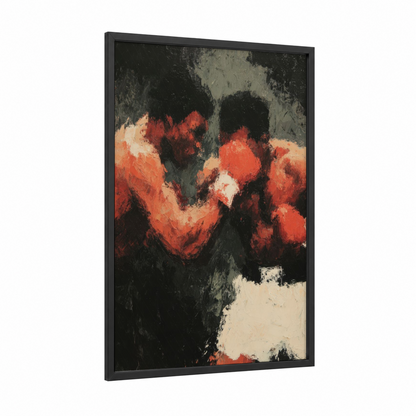 Crimson Boxers framed boxing print — black wood frame — red and black palette