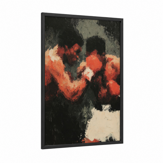 Crimson Boxers framed boxing print — black wood frame — red and black palette