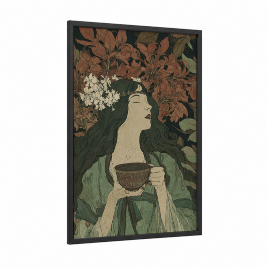 Floral Coffee Reverie framed art print — black wood frame — russet and sage green palette