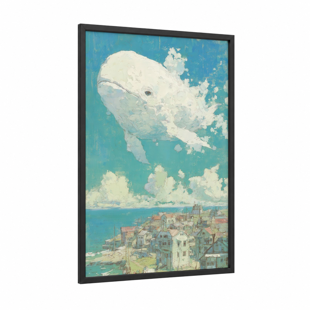 Cloud Whale Dream framed beluga whale print — black wood frame — blue and white and turquoise palette