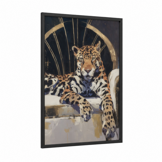 Golden Leopard framed art print — black wood frame — gold and black and gold palette