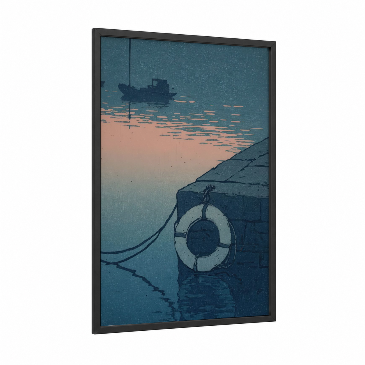 Harbor Sunset framed life ring print — black wood frame — teal and salmon pink palette