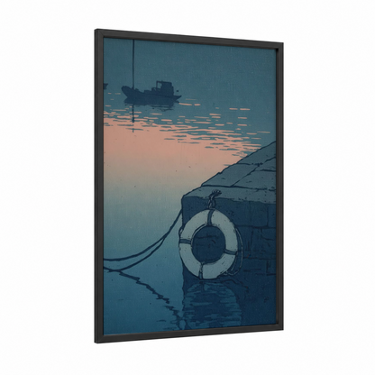 Harbor Sunset framed life ring print — black wood frame — teal and salmon pink palette