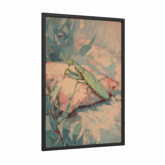 Praying Mantis Blossom framed prayin mantis print — black wood frame — peach and sage green palette
