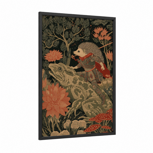 Armored Hedgehog framed art print — black wood frame — dark green and russet palette