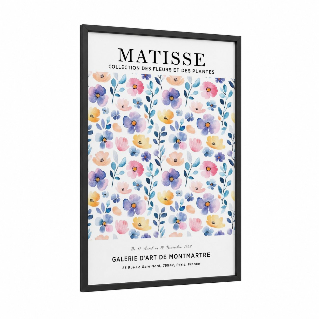 Matisse Florals framed abstract flower print — black wood frame — blue and pink palette