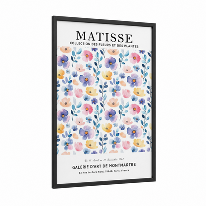 Matisse Florals framed abstract flower print — black wood frame — blue and pink palette