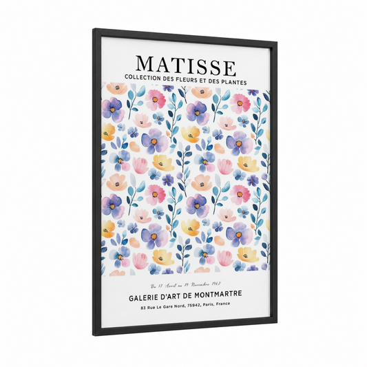 Matisse Florals framed abstract flower print — black wood frame — blue and pink palette