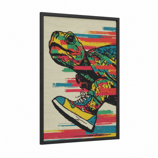Glitch Turtle framed art print — black wood frame — magenta and yellow gold palette