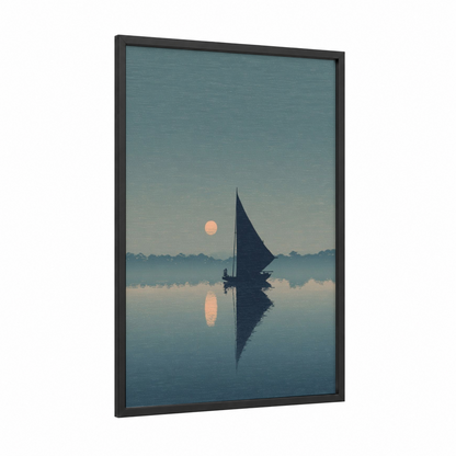 Misty Morning Sail framed sailing print — black wood frame — blue and gold and gray palette