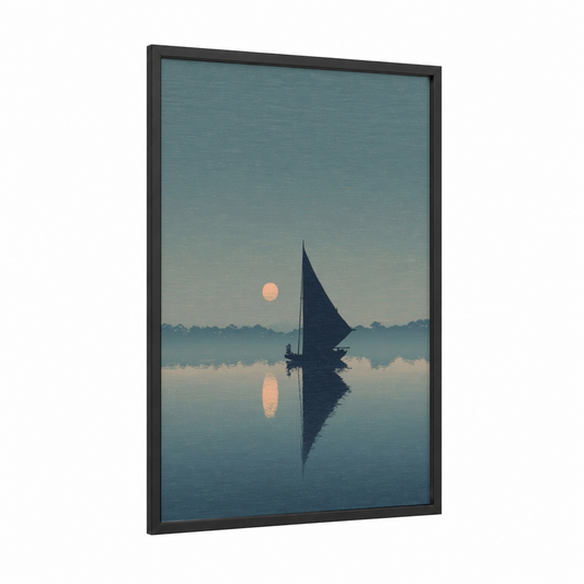 Misty Morning Sail framed sailing print — black wood frame — blue and gold and gray palette