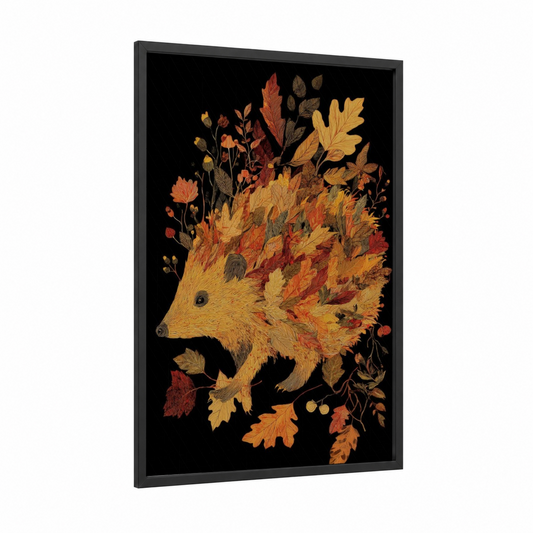 Autumn Hedgehog framed art print — black wood frame — gold and russet palette