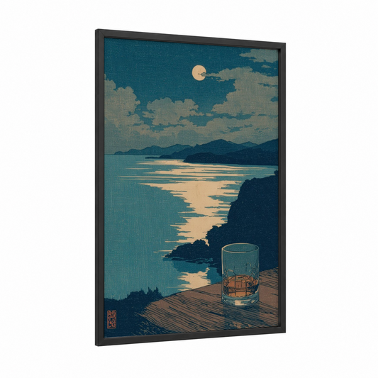 Moonlit Whiskey framed art print — black wood frame — teal and gold and white palette