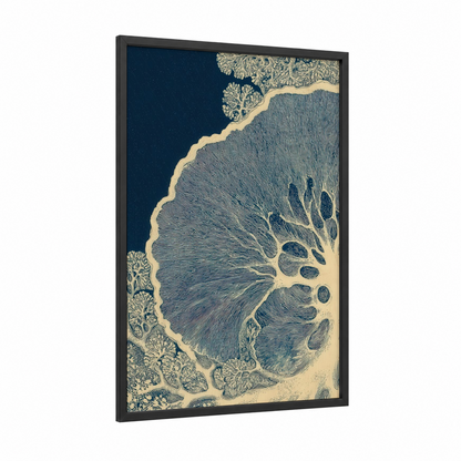 Aerial Cheese Landscape framed art print — black wood frame — dark blue and cream palette