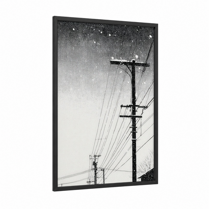 Snowy Power Lines framed art print — black wood frame — black and white and gray palette