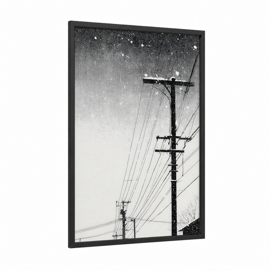 Snowy Power Lines framed art print — black wood frame — black and white and gray palette