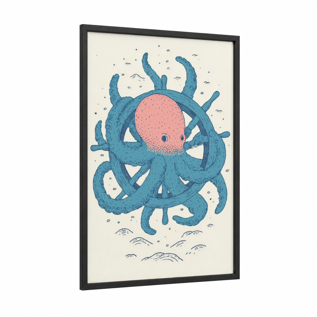 Octopus Shipwheel framed art print — black wood frame — teal and salmon pink palette