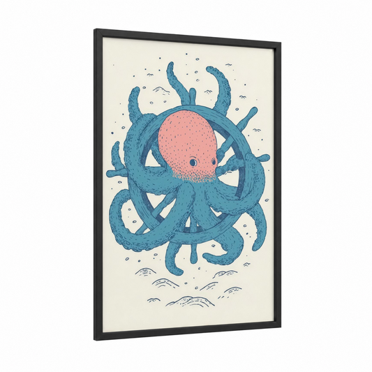 Octopus Shipwheel framed art print — black wood frame — teal and salmon pink palette