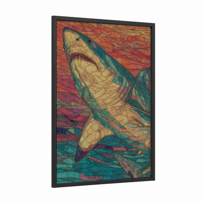 Geometric Sand Tiger framed sand tiger shark print — black wood frame — teal palette