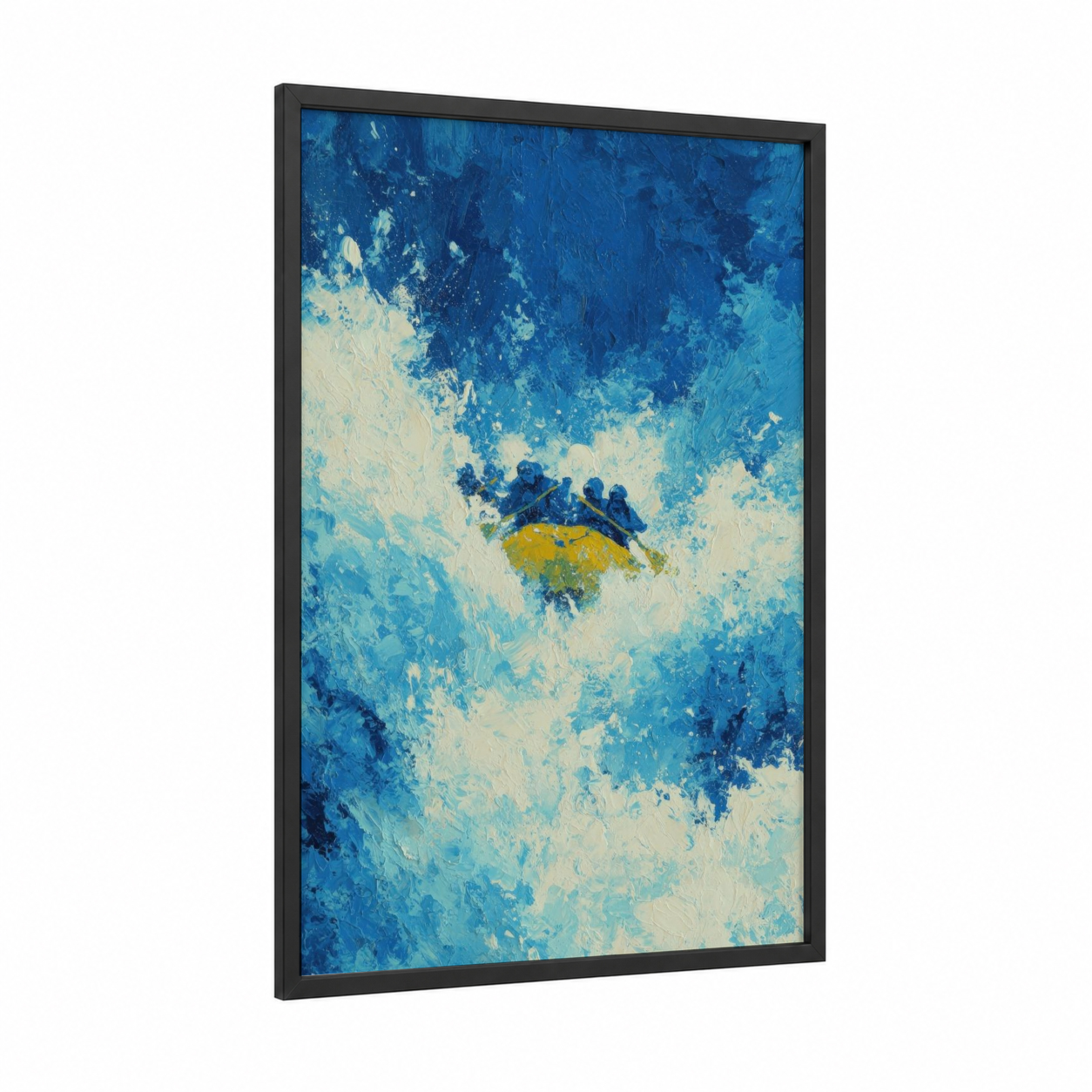 Whitewater Adventure framed rafting print — black wood frame — blue and white palette