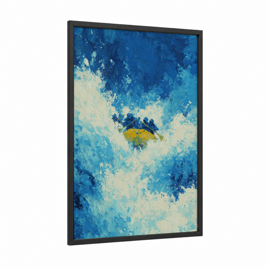 Whitewater Adventure framed rafting print — black wood frame — blue and white palette