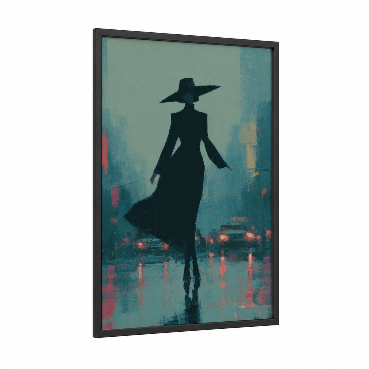Rainy Sorceress framed magic and witchcraft print — black wood frame — teal and magenta palette