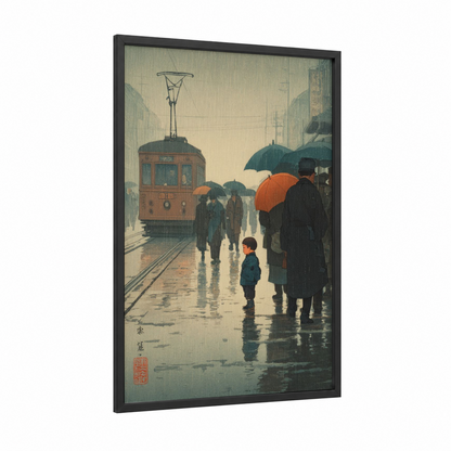 Rainy Streetcar framed power lines print — black wood frame — gray and teal palette