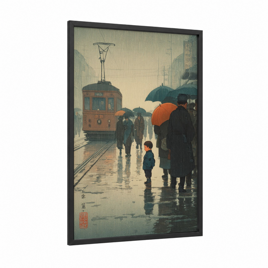 Rainy Streetcar framed power lines print — black wood frame — gray and teal palette
