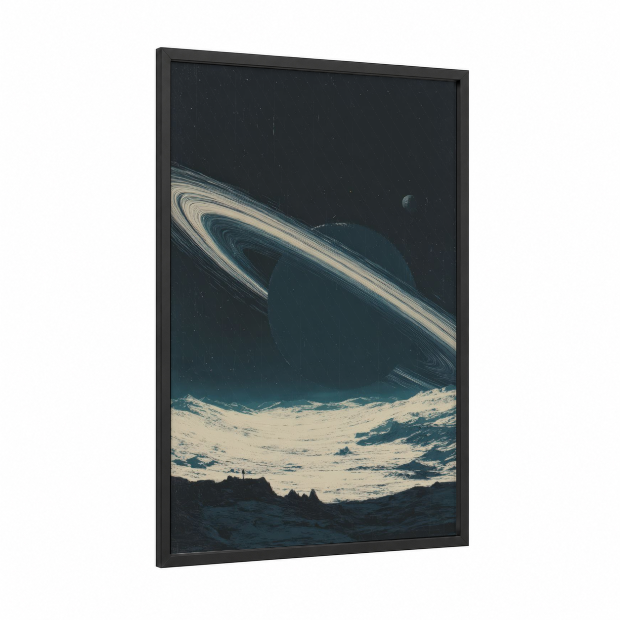 Ringed Planet Rise framed solar system print — black wood frame — teal and cream palette