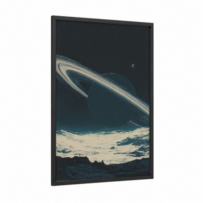 Ringed Planet Rise framed solar system print — black wood frame — teal and cream palette