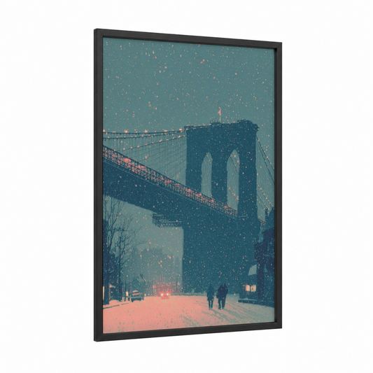Snowy Brooklyn Bridge framed bridges print — black wood frame — teal and salmon pink palette
